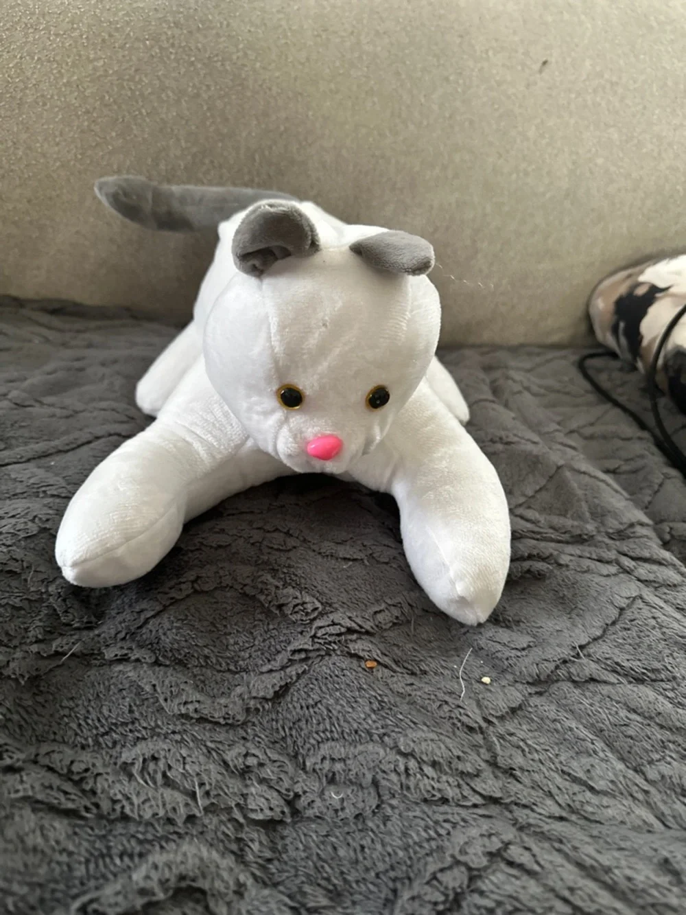 Handmade Plush White and Gray Cat Toy with Pink Nose - Soft Pet Playmate